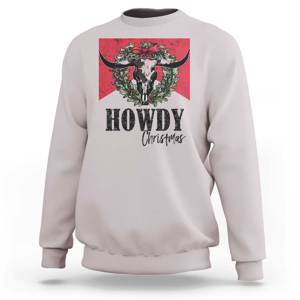 Western Xmas Sweatshirt Howdy Christmas Cow Skull Xmas Wreath - Wonder Print Shop