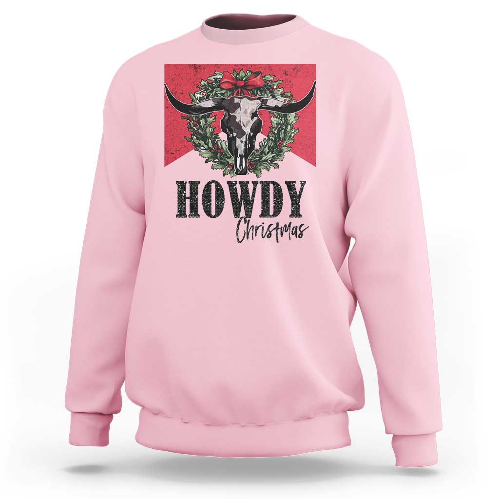 Western Xmas Sweatshirt Howdy Christmas Cow Skull Xmas Wreath - Wonder Print Shop