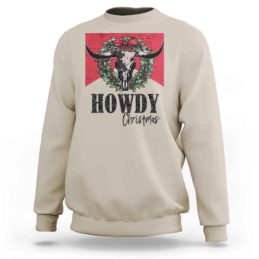 Western Xmas Sweatshirt Howdy Christmas Cow Skull Xmas Wreath - Wonder Print Shop