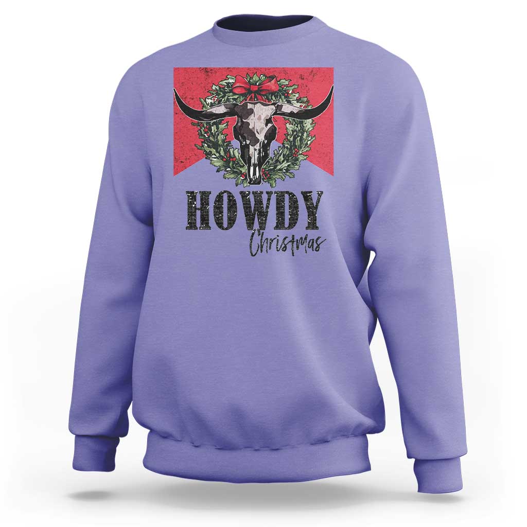 Western Xmas Sweatshirt Howdy Christmas Cow Skull Xmas Wreath - Wonder Print Shop