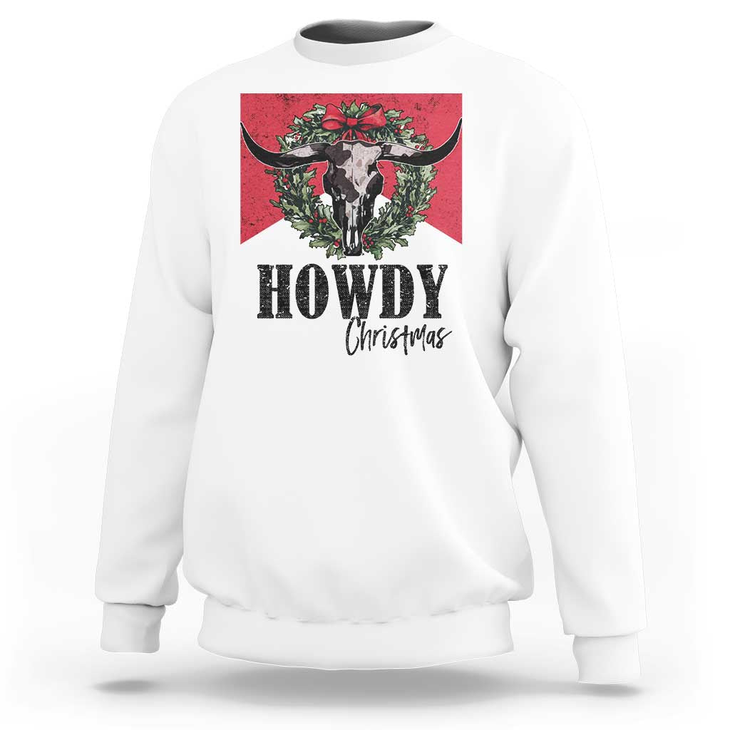 Western Xmas Sweatshirt Howdy Christmas Cow Skull Xmas Wreath - Wonder Print Shop