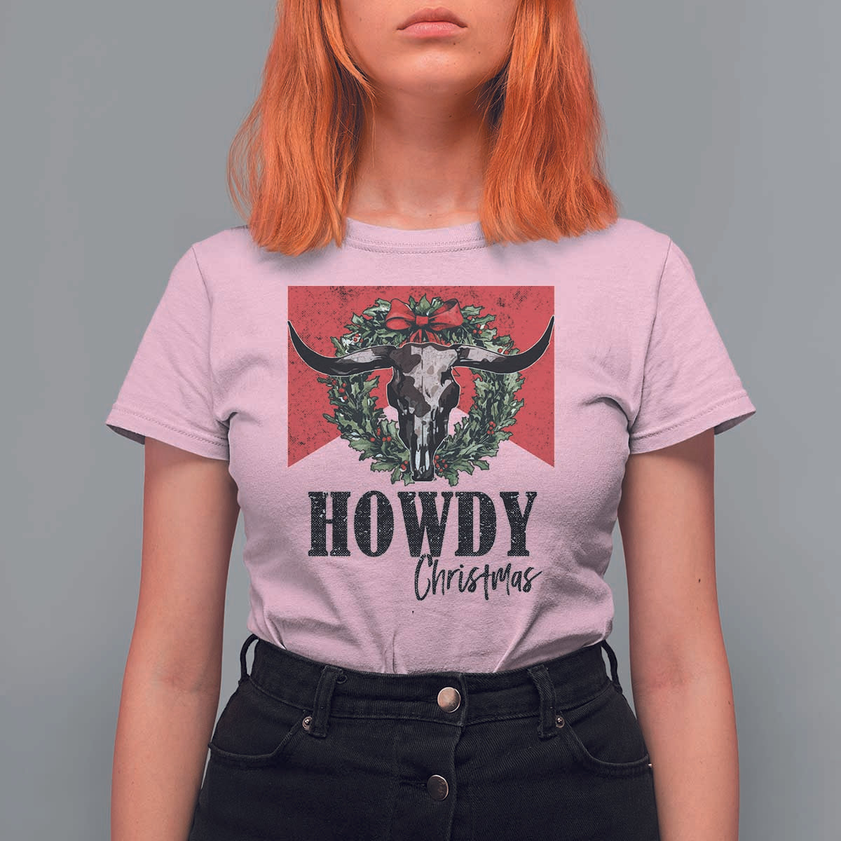 Western Xmas T Shirt For Women Howdy Christmas Cow Skull Xmas Wreath - Wonder Print Shop