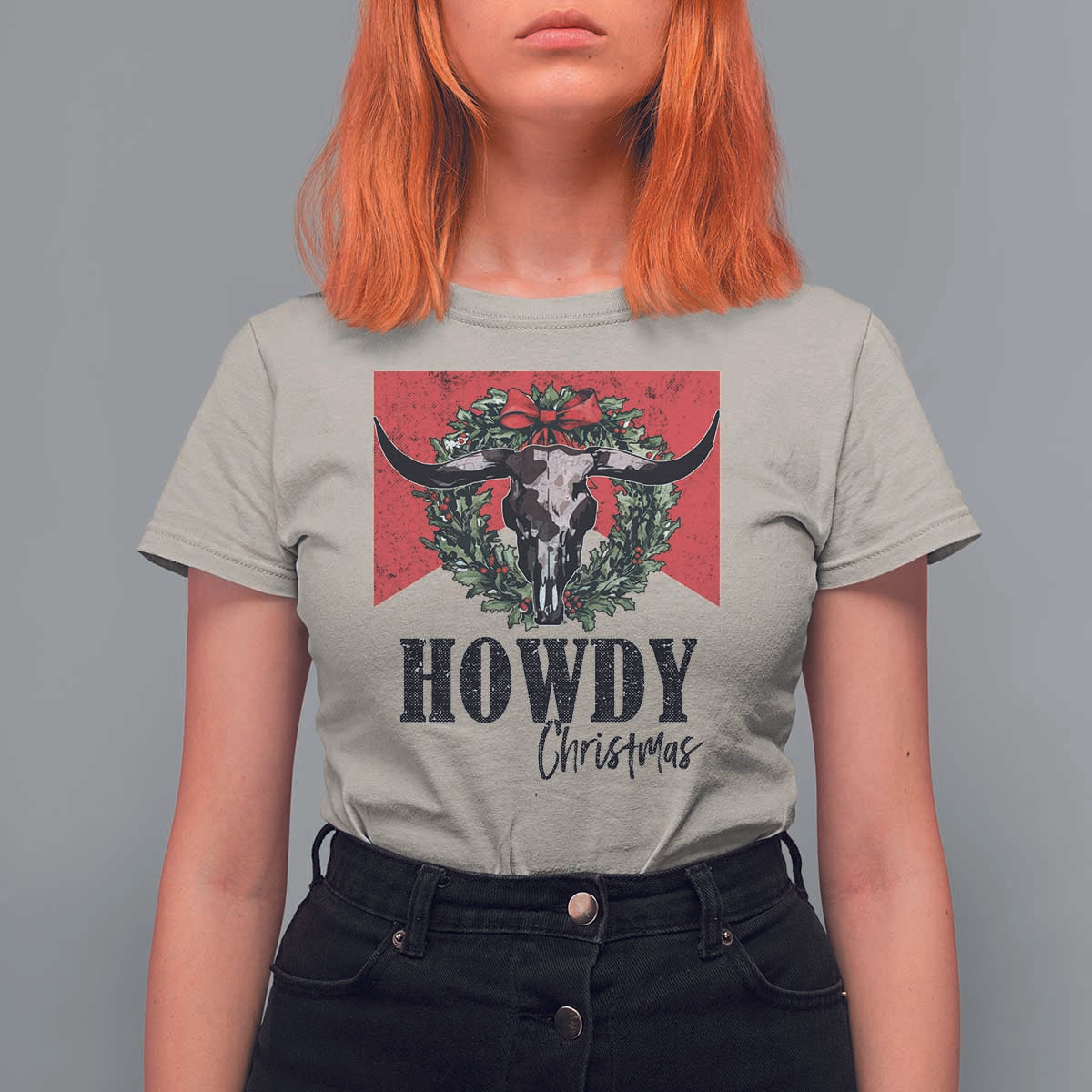 Western Xmas T Shirt For Women Howdy Christmas Cow Skull Xmas Wreath - Wonder Print Shop
