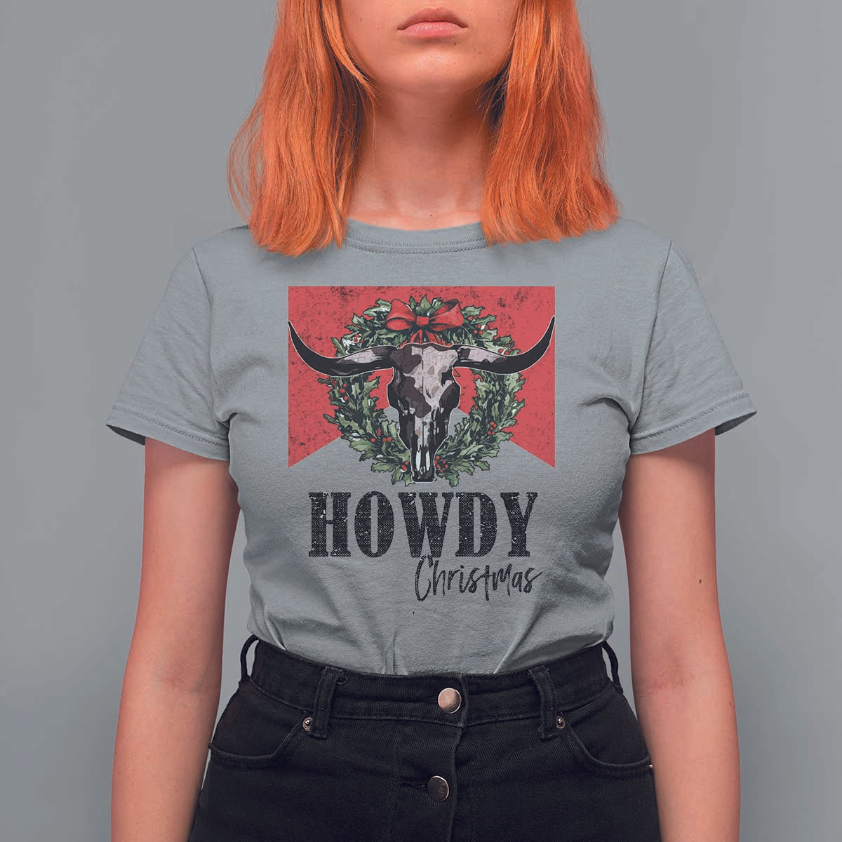 Western Xmas T Shirt For Women Howdy Christmas Cow Skull Xmas Wreath - Wonder Print Shop