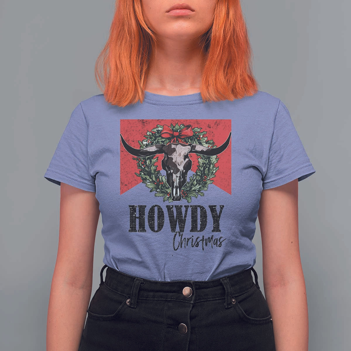 Western Xmas T Shirt For Women Howdy Christmas Cow Skull Xmas Wreath - Wonder Print Shop
