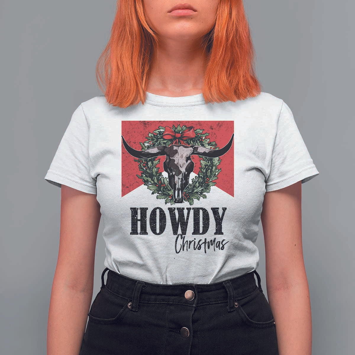 Western Xmas T Shirt For Women Howdy Christmas Cow Skull Xmas Wreath - Wonder Print Shop