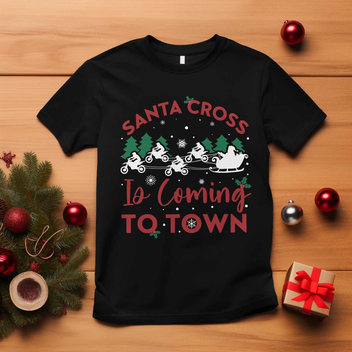 Funny Christmas Dirt Bike T Shirt Santa Cross Is Coming To Town Motorcross - Wonder Print Shop
