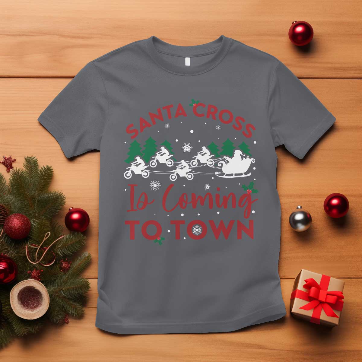 Funny Christmas Dirt Bike T Shirt Santa Cross Is Coming To Town Motorcross - Wonder Print Shop