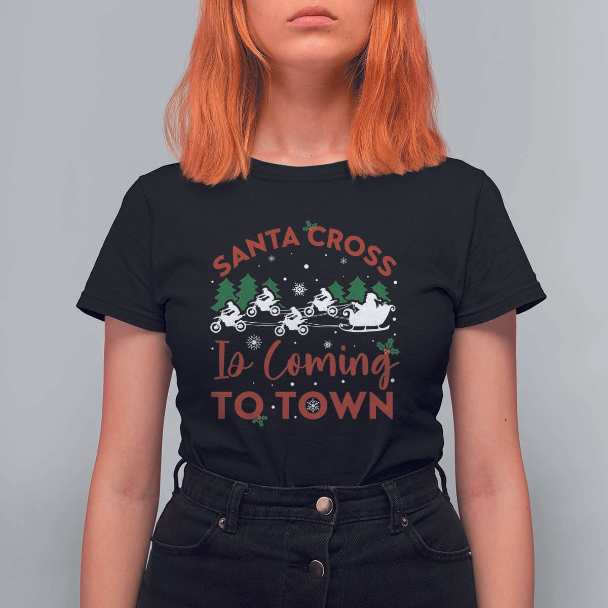 Funny Christmas Dirt Bike T Shirt For Women Santa Cross Is Coming To Town Motorcross - Wonder Print Shop