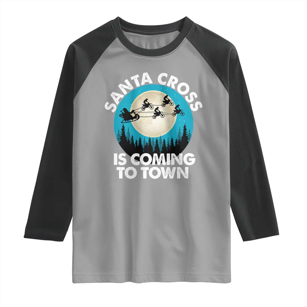 Funny Christmas Motocross Raglan Shirt Santa Cross Is Coming To Town Sport - Wonder Print Shop