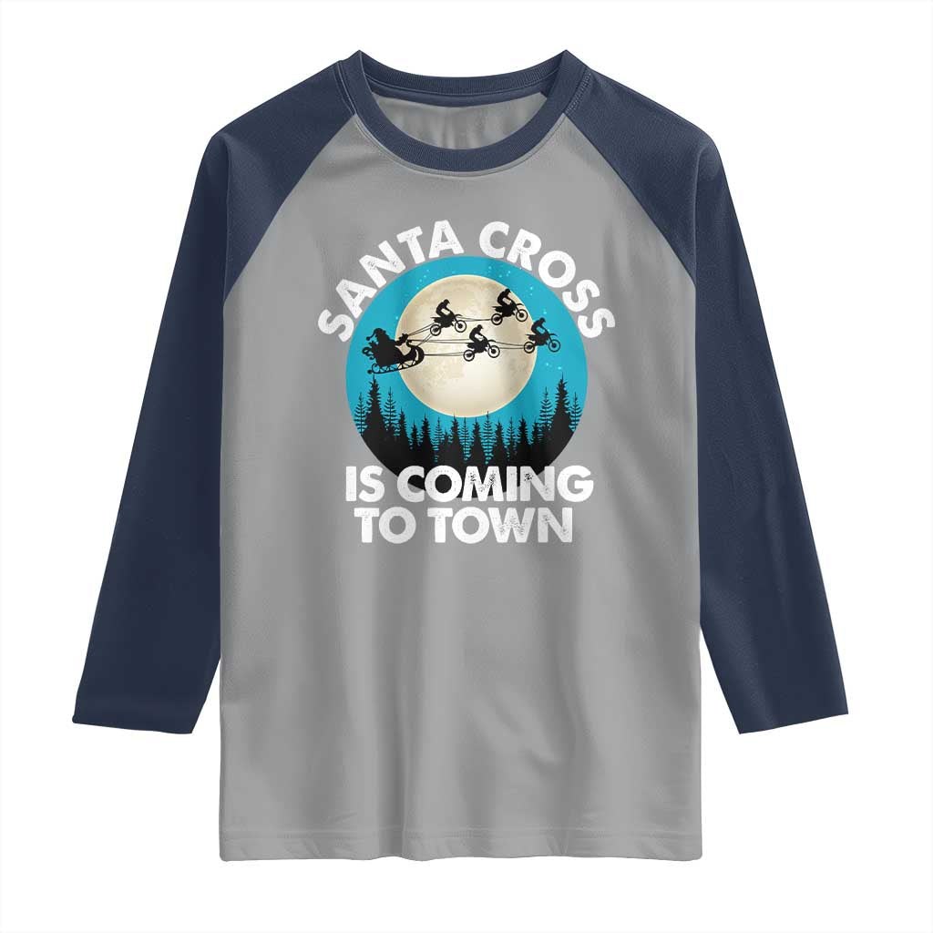 Funny Christmas Motocross Raglan Shirt Santa Cross Is Coming To Town Sport - Wonder Print Shop