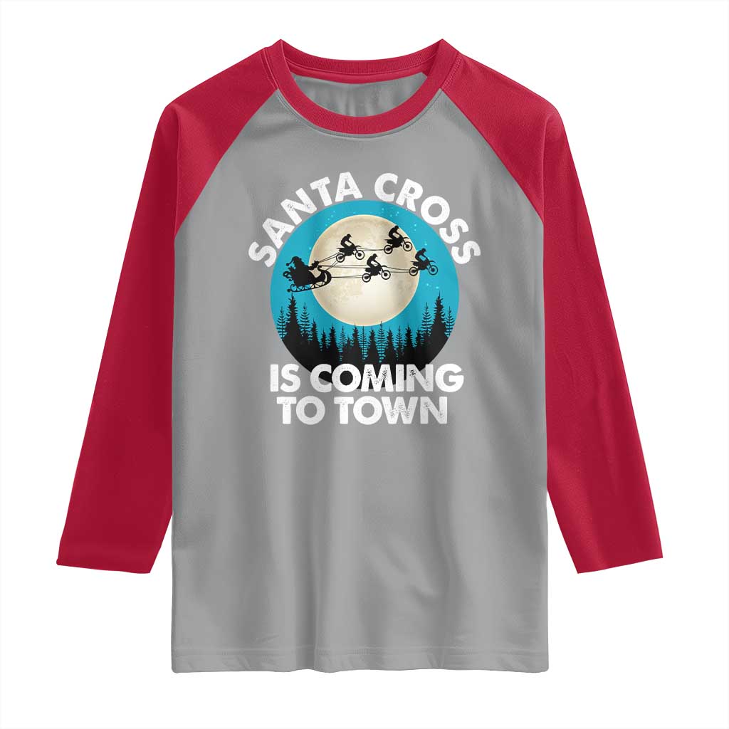 Funny Christmas Motocross Raglan Shirt Santa Cross Is Coming To Town Sport - Wonder Print Shop