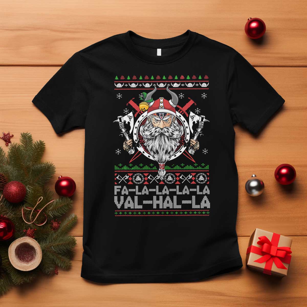 Christmas Viking T Shirt Fa La La La La Val Hal La Santa Viking Warriors - Wonder Print Shop