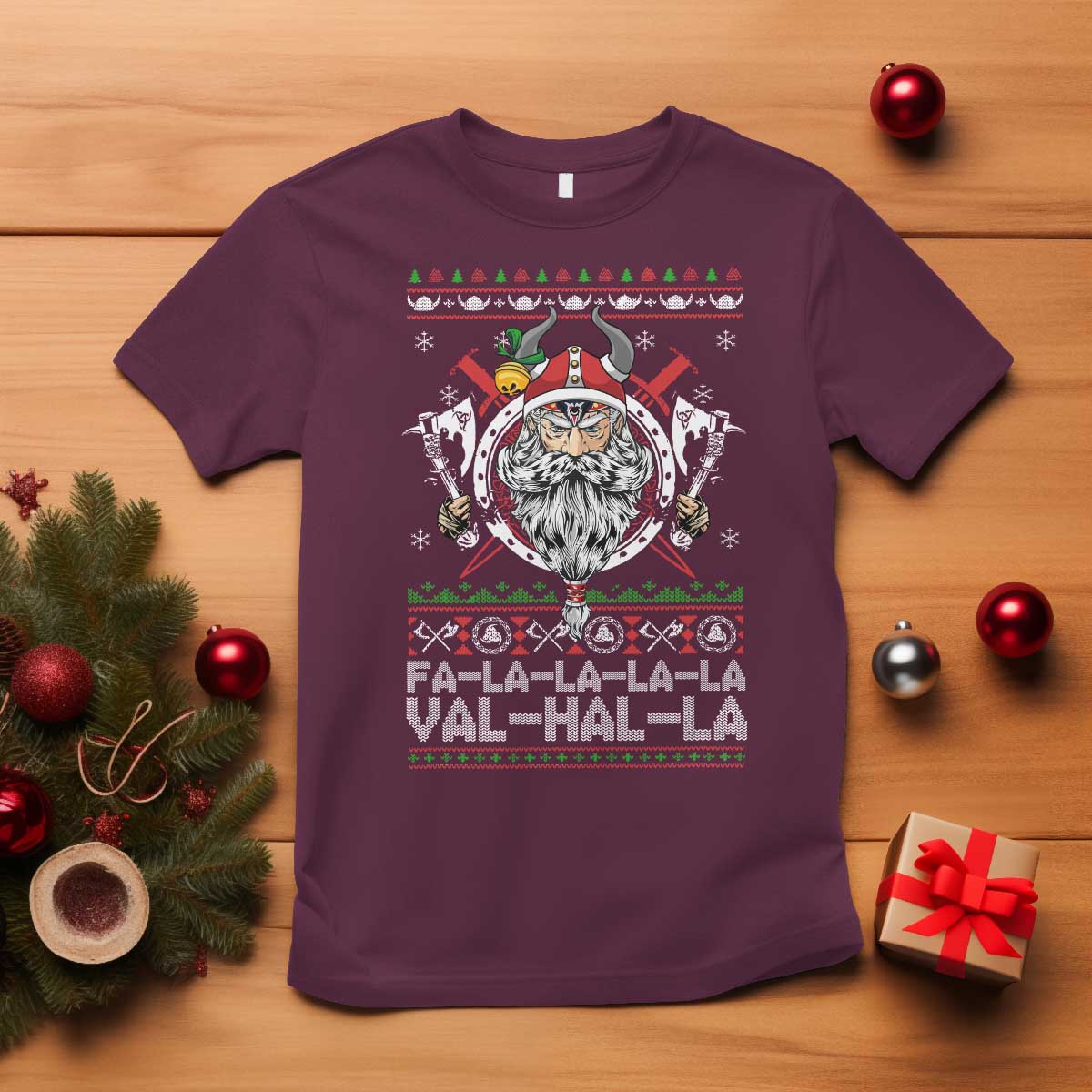 Christmas Viking T Shirt Fa La La La La Val Hal La Santa Viking Warriors - Wonder Print Shop