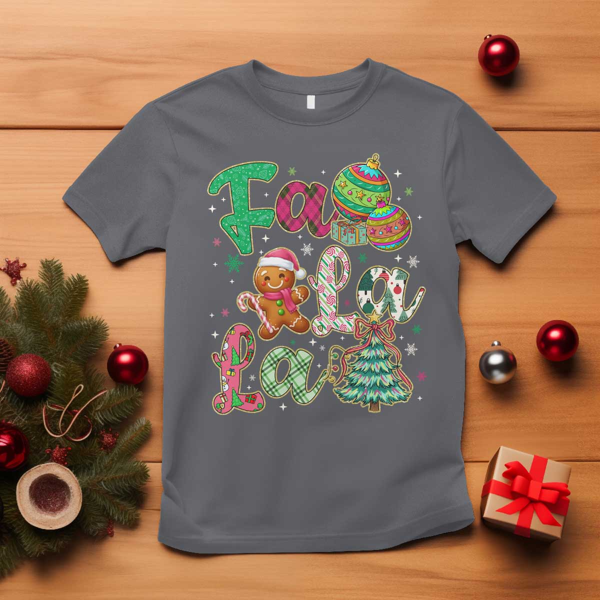 Funny Falala Christmas Song Faux Glitter Gingerbread T Shirt - Wonder Print Shop