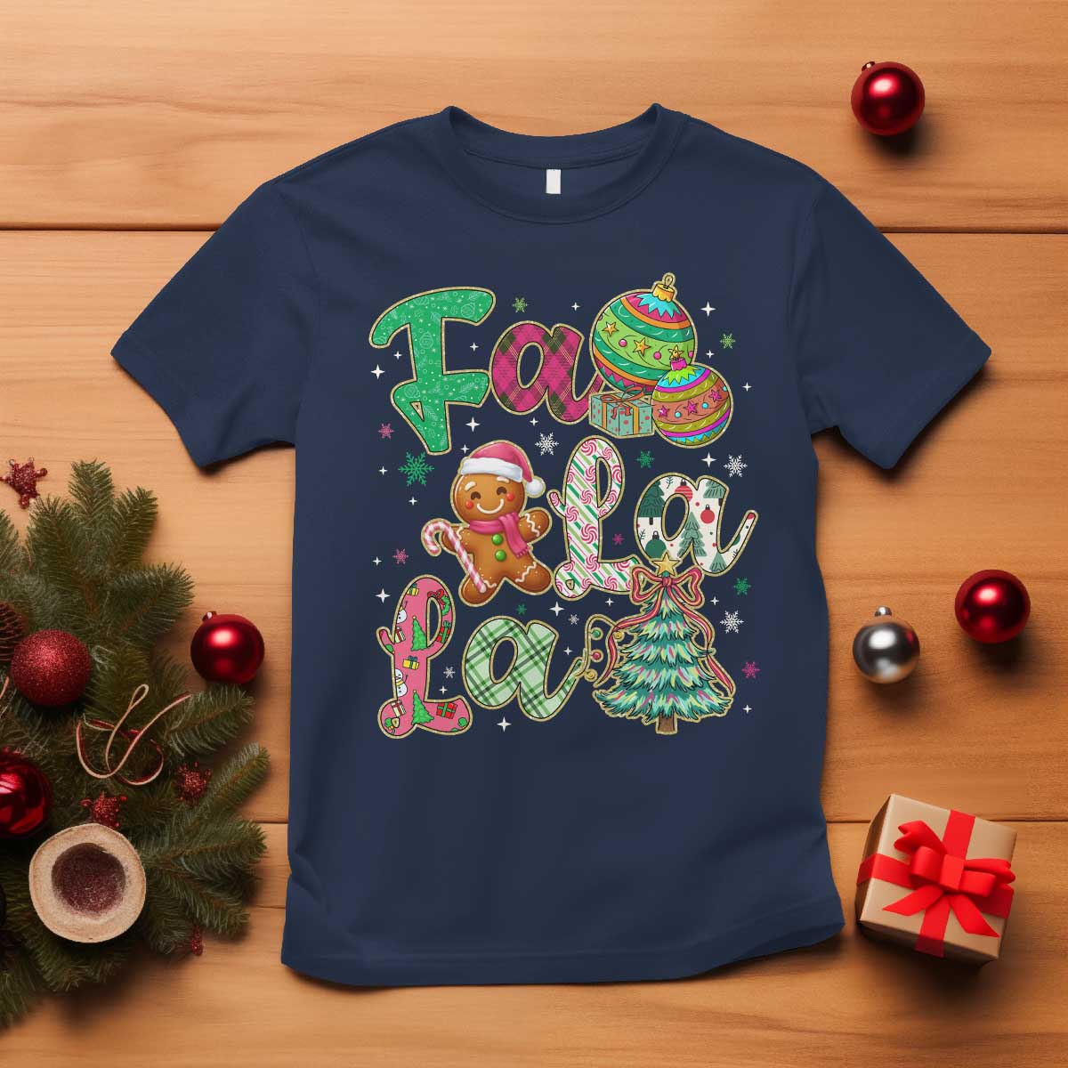 Funny Falala Christmas Song Faux Glitter Gingerbread T Shirt - Wonder Print Shop