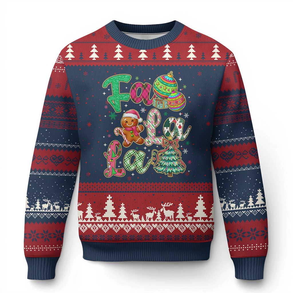 Funny Falala Xmas Song Faux Glitter Gingerbread Ugly Christmas Sweater - Wonder Print Shop