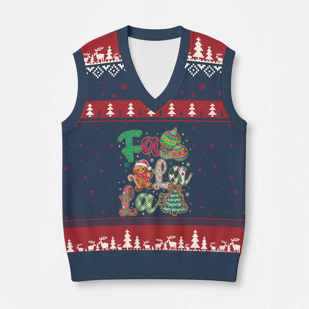 Funny Falala Xmas Song Faux Glitter Gingerbread V-Neck Knit Sweater Vest - Wonder Print Shop