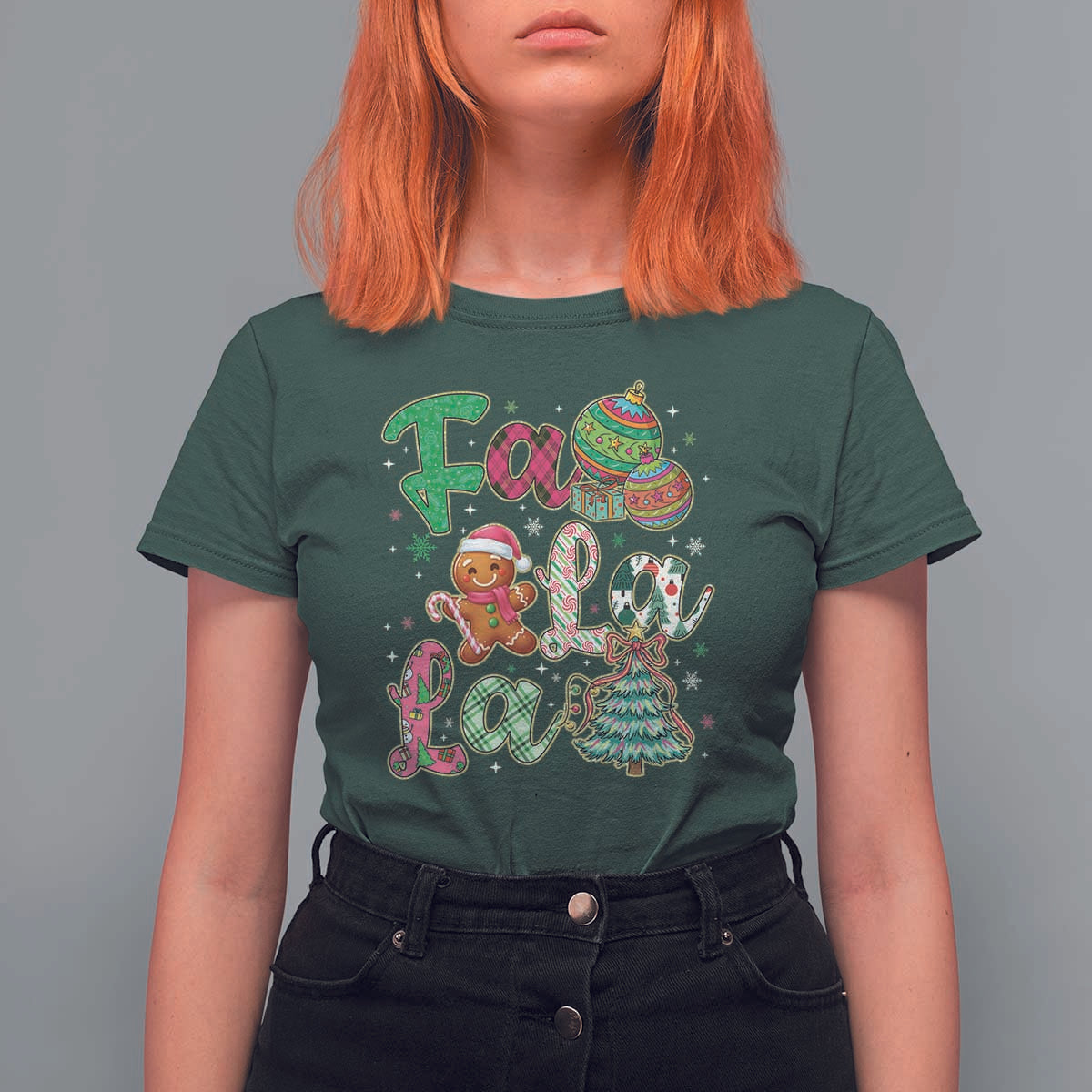 Funny Falala Christmas Song Faux Glitter Gingerbread T Shirt For Women - Wonder Print Shop