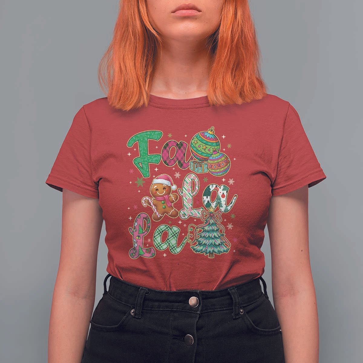 Funny Falala Christmas Song Faux Glitter Gingerbread T Shirt For Women - Wonder Print Shop
