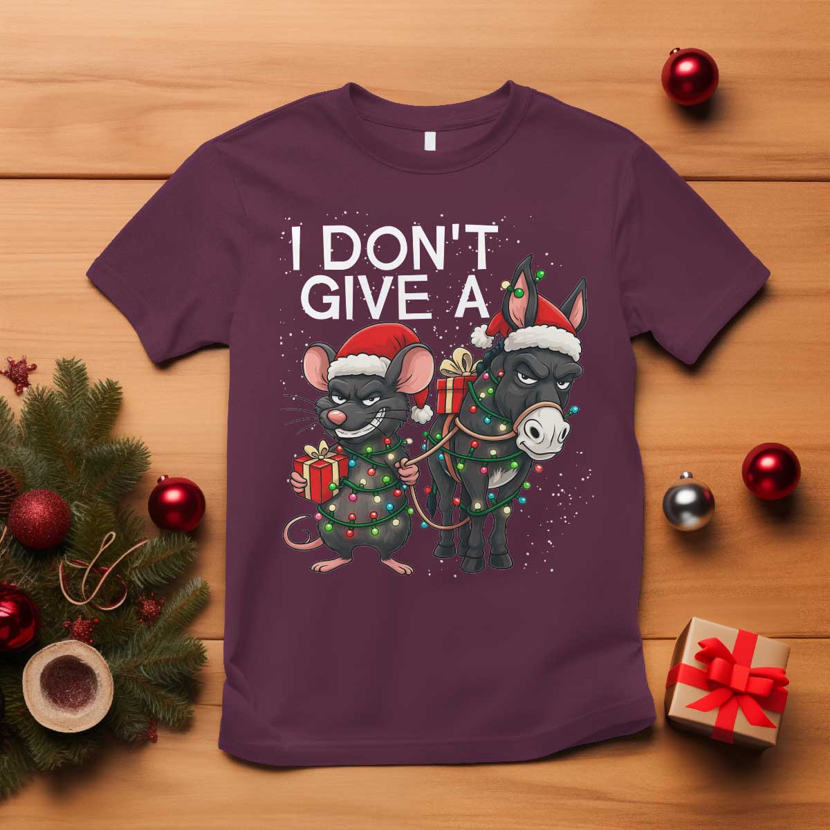 Funny Christmas I Dont Give a Rats Ass T Shirt Donkey And Mouse Xmas Holiday - Wonder Print Shop