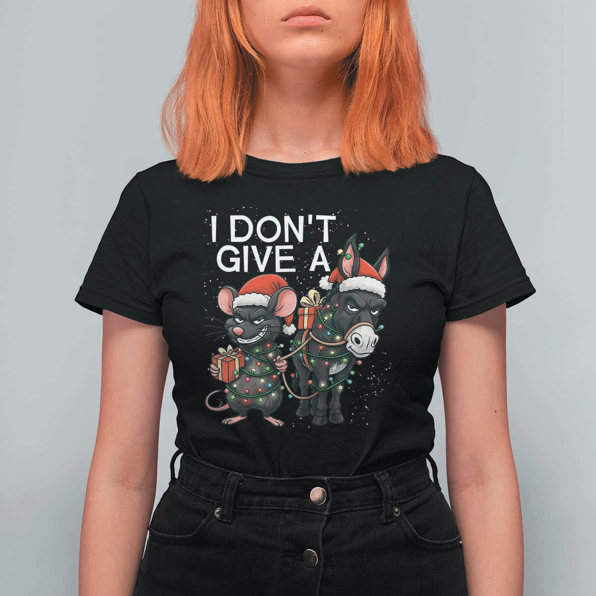 Funny Christmas I Dont Give a Rats Ass T Shirt For Women Donkey And Mouse Xmas Holiday - Wonder Print Shop