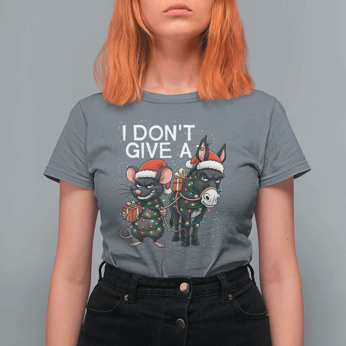 Funny Christmas I Dont Give a Rats Ass T Shirt For Women Donkey And Mouse Xmas Holiday - Wonder Print Shop