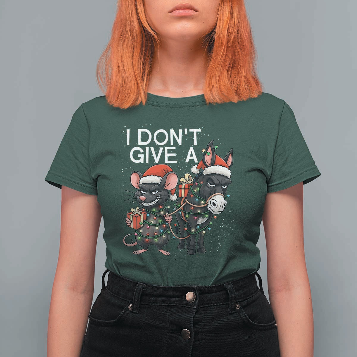 Funny Christmas I Dont Give a Rats Ass T Shirt For Women Donkey And Mouse Xmas Holiday - Wonder Print Shop