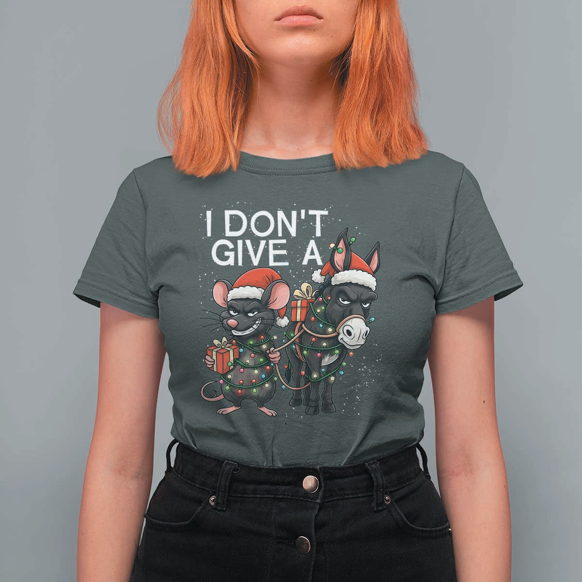 Funny Christmas I Dont Give a Rats Ass T Shirt For Women Donkey And Mouse Xmas Holiday - Wonder Print Shop