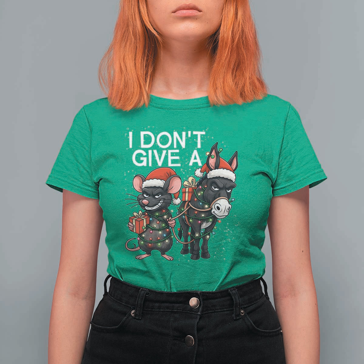 Funny Christmas I Dont Give a Rats Ass T Shirt For Women Donkey And Mouse Xmas Holiday - Wonder Print Shop
