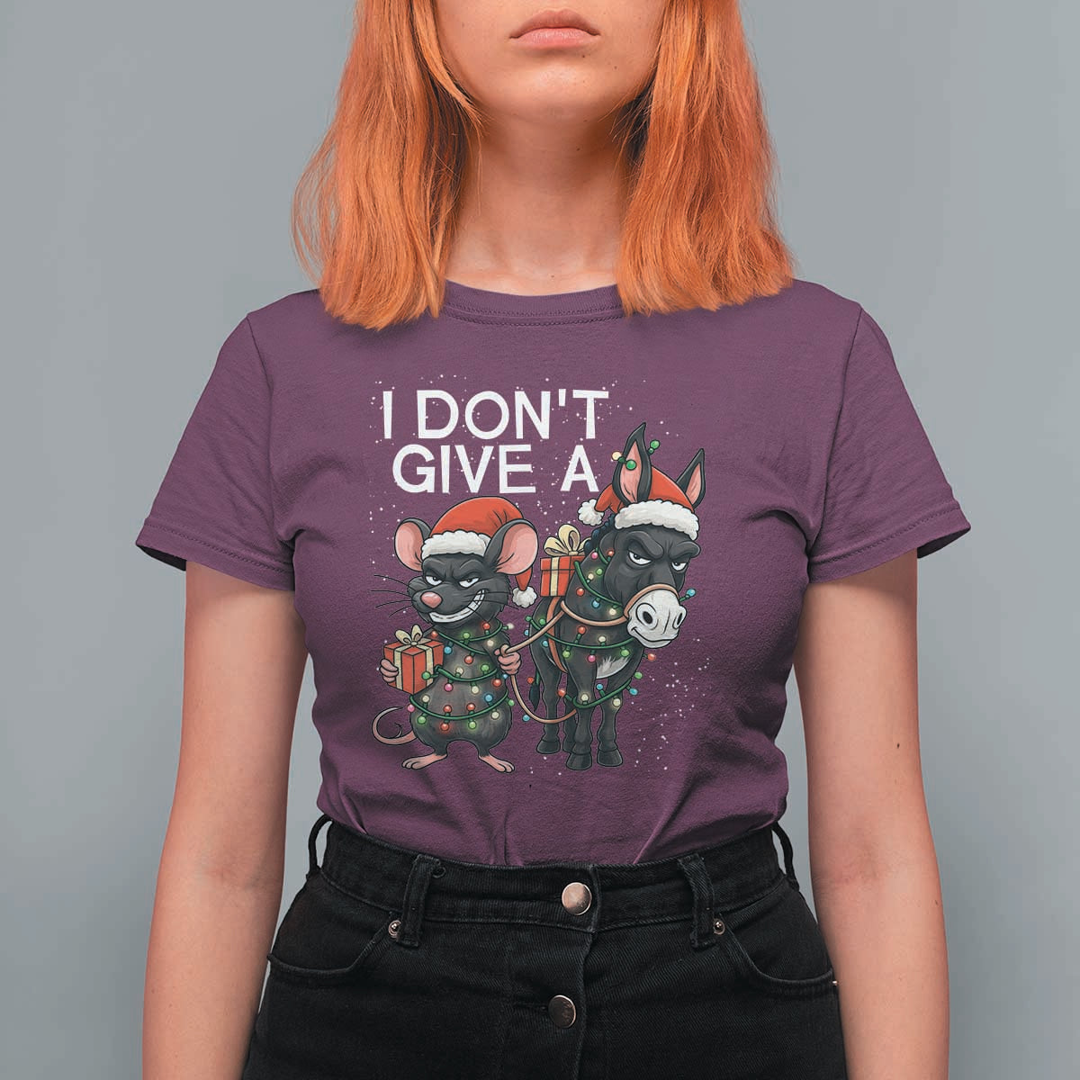 Funny Christmas I Dont Give a Rats Ass T Shirt For Women Donkey And Mouse Xmas Holiday - Wonder Print Shop