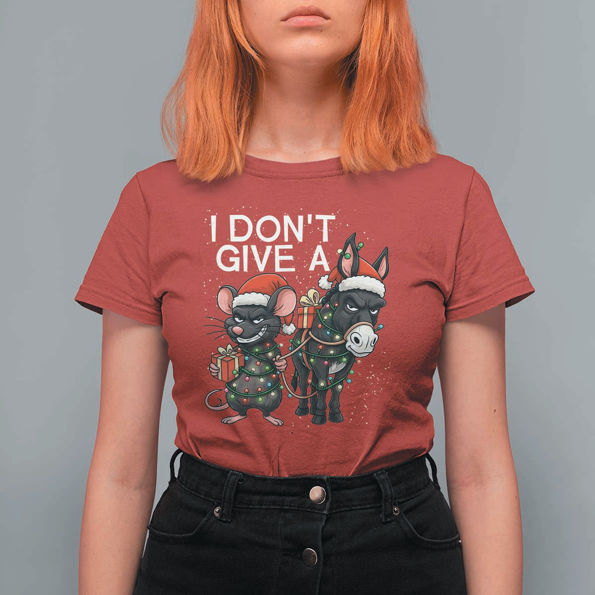 Funny Christmas I Dont Give a Rats Ass T Shirt For Women Donkey And Mouse Xmas Holiday - Wonder Print Shop