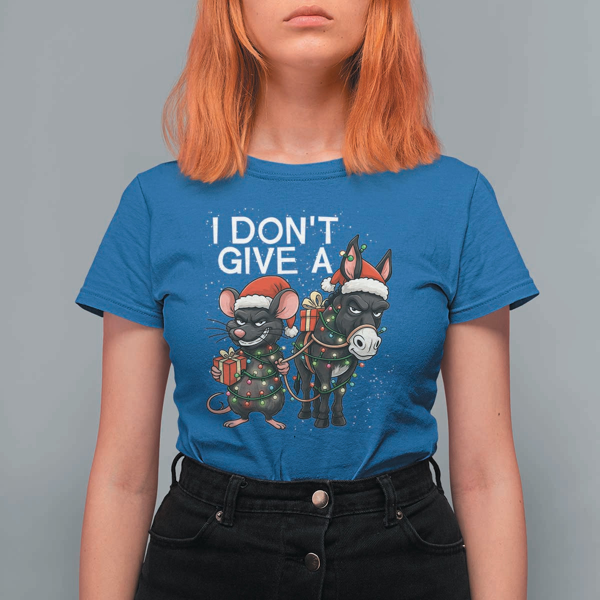 Funny Christmas I Dont Give a Rats Ass T Shirt For Women Donkey And Mouse Xmas Holiday - Wonder Print Shop