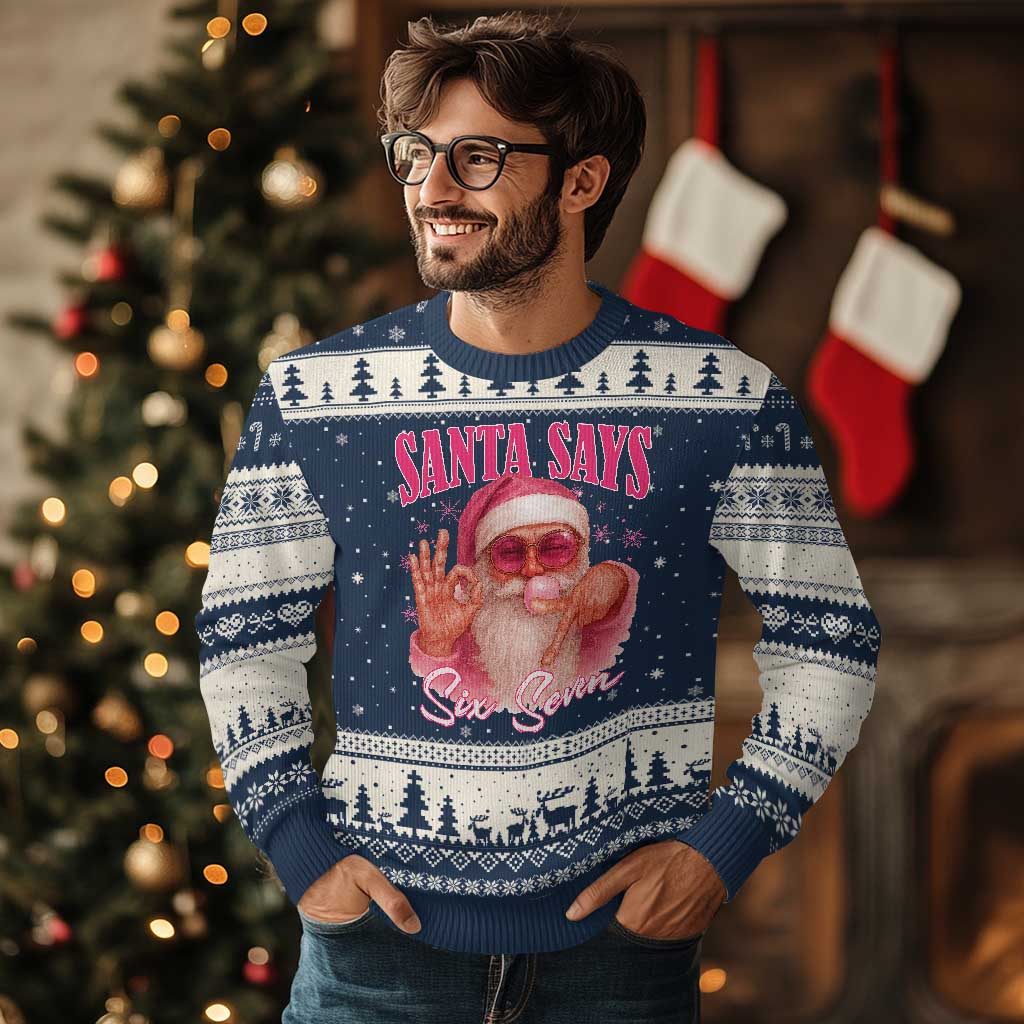 Funny Pink Santa Says Six Seven Ugly Christmas Sweater 67 Xmas Meme Gen Alpha - Wonder Print Shop