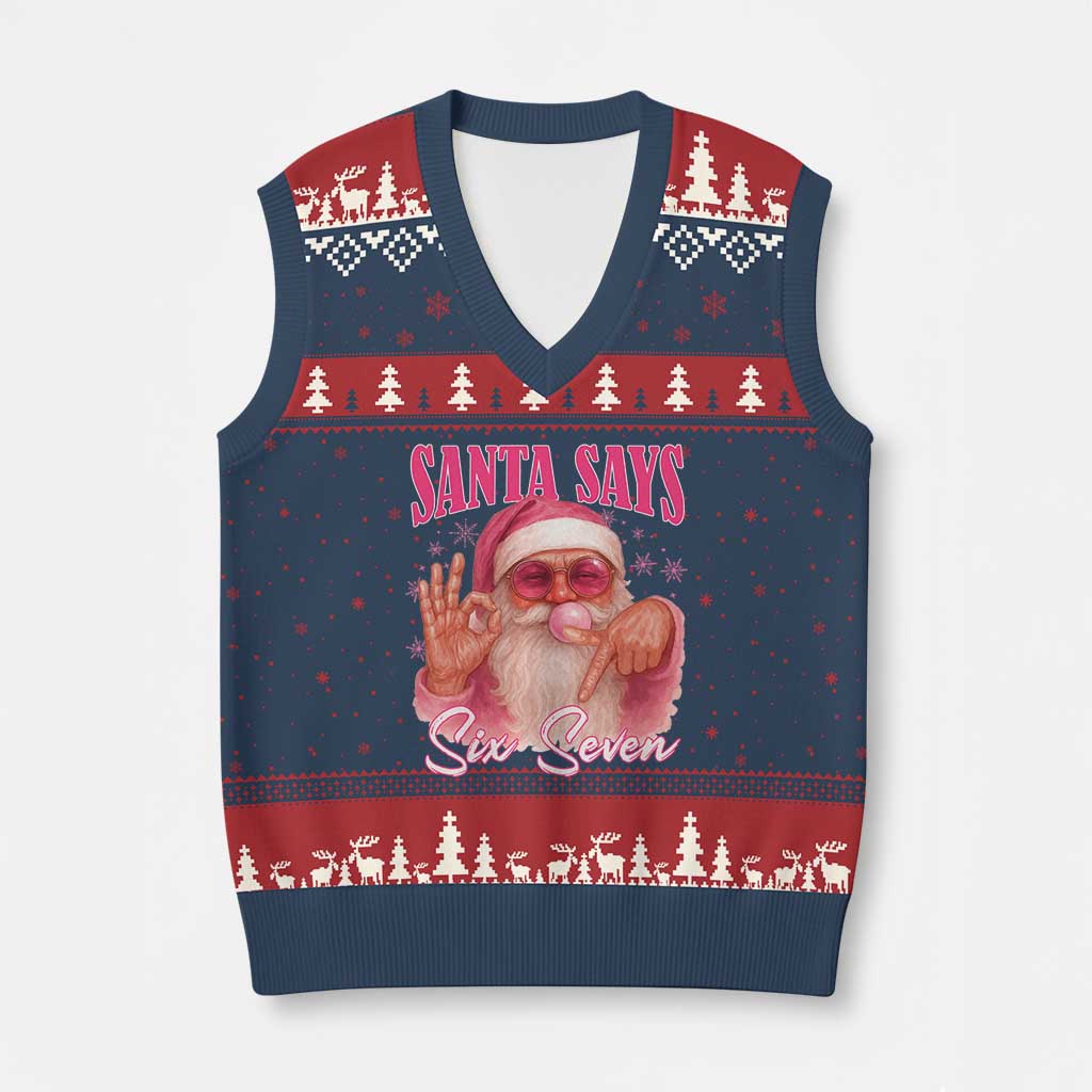Funny Pink Santa Says Six Seven V-Neck Knit Sweater Vest 67 Xmas Meme Gen Alpha - Wonder Print Shop