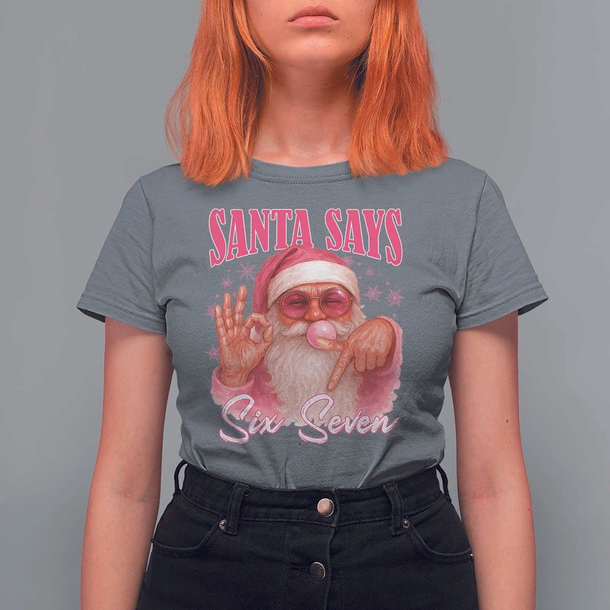 Funny Pink Santa Says Six Seven T Shirt For Women 67 Christmas Meme Gen Alpha - Wonder Print Shop