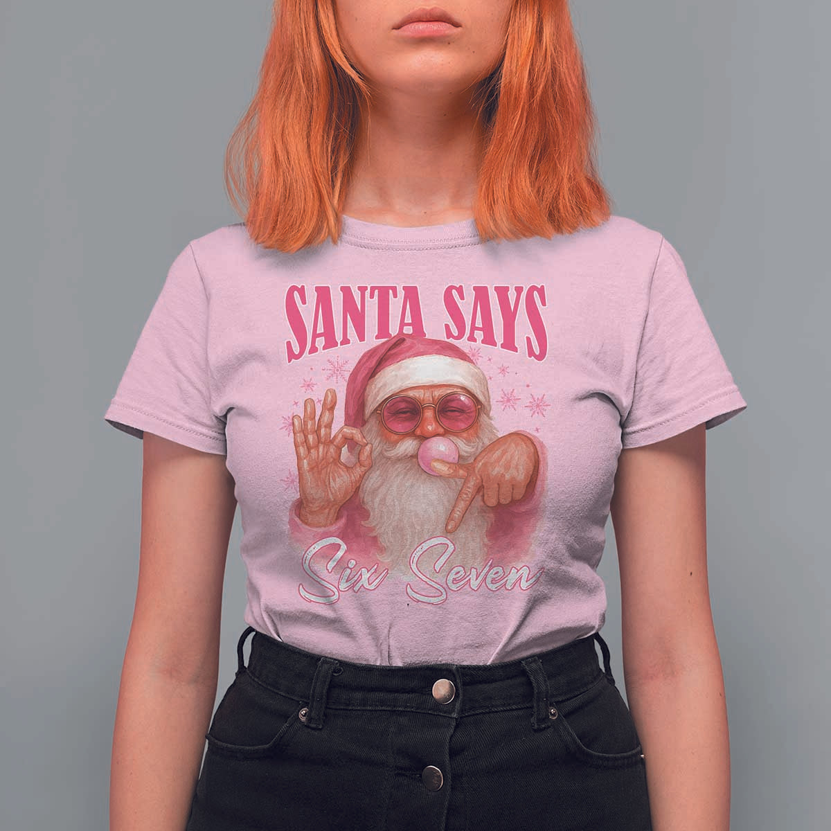 Funny Pink Santa Says Six Seven T Shirt For Women 67 Christmas Meme Gen Alpha - Wonder Print Shop