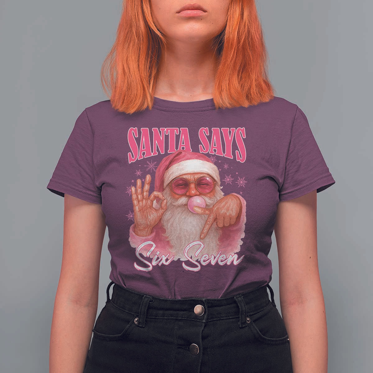 Funny Pink Santa Says Six Seven T Shirt For Women 67 Christmas Meme Gen Alpha - Wonder Print Shop