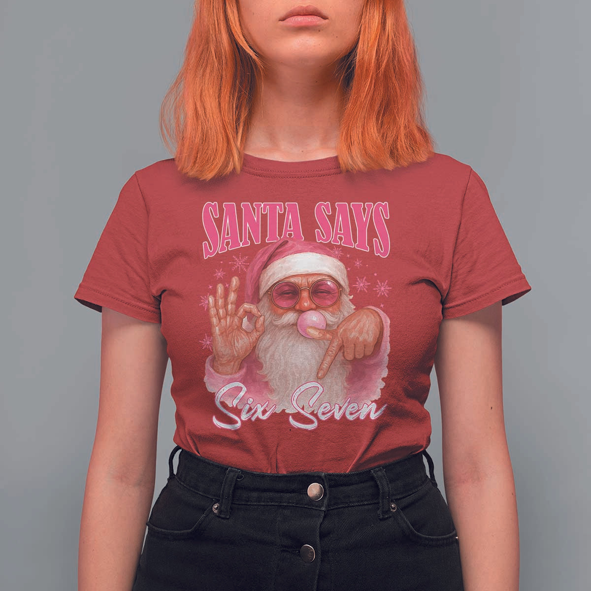 Funny Pink Santa Says Six Seven T Shirt For Women 67 Christmas Meme Gen Alpha - Wonder Print Shop