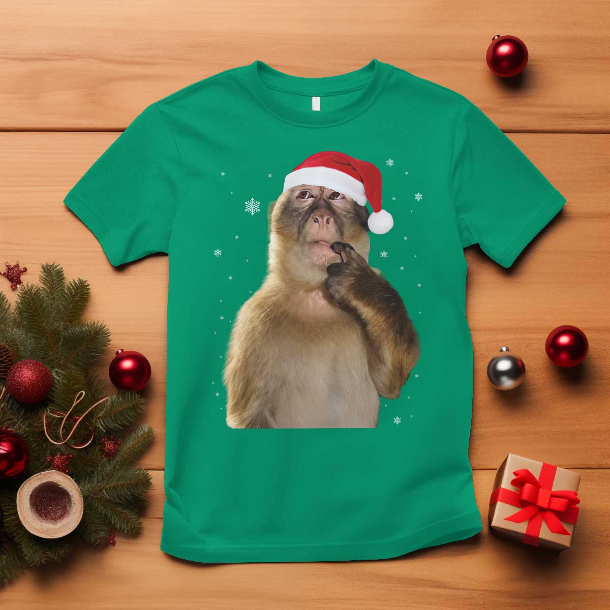 Christmas Thinking Monkey Meme Humor Brainrot T Shirt - Wonder Print Shop