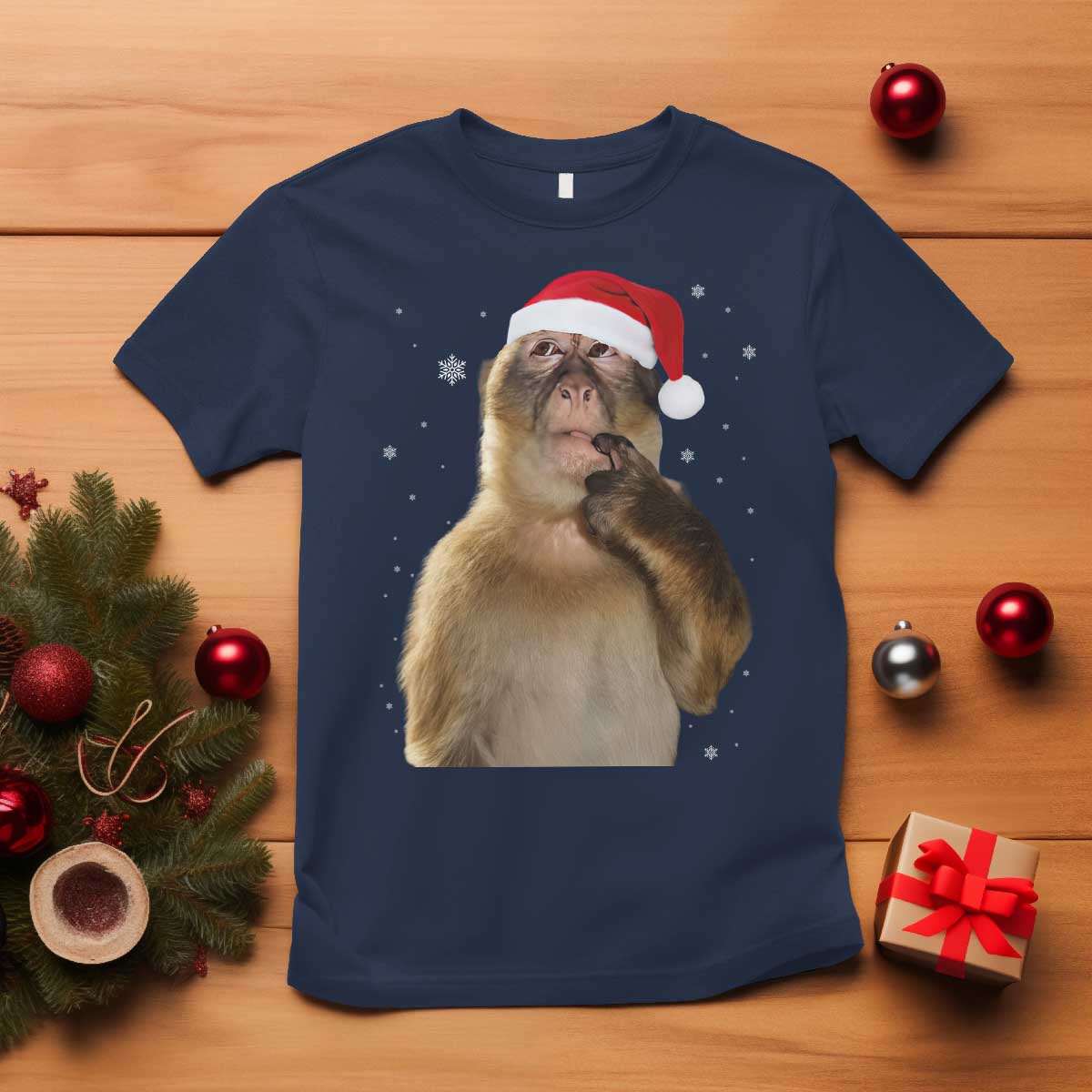 Christmas Thinking Monkey Meme Humor Brainrot T Shirt - Wonder Print Shop