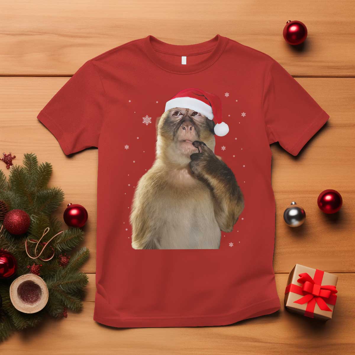 Christmas Thinking Monkey Meme Humor Brainrot T Shirt - Wonder Print Shop