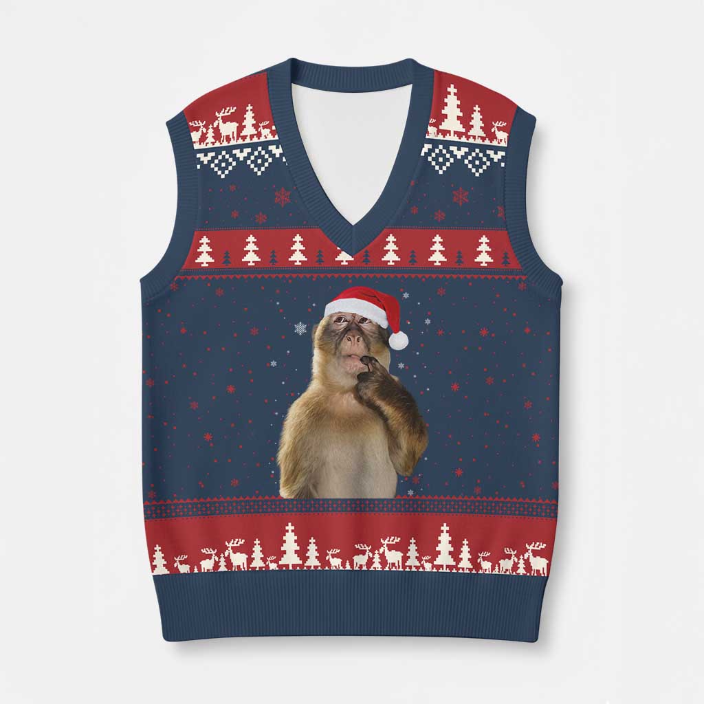 Xmas Thinking Monkey Meme Humor Brainrot V-Neck Knit Sweater Vest - Wonder Print Shop
