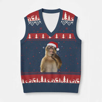 Xmas Thinking Monkey Meme Humor Brainrot V-Neck Knit Sweater Vest - Wonder Print Shop