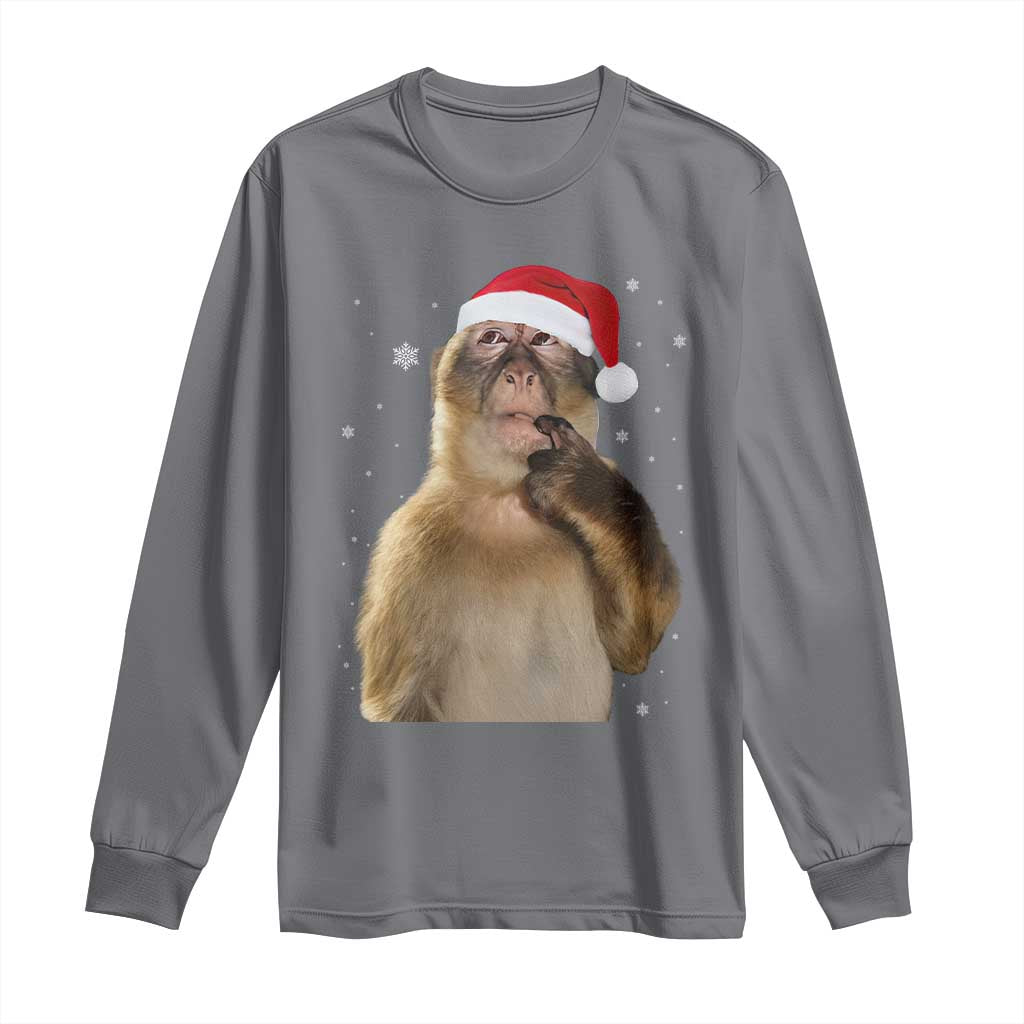 Christmas Thinking Monkey Meme Humor Brainrot Long Sleeve Shirt - Wonder Print Shop