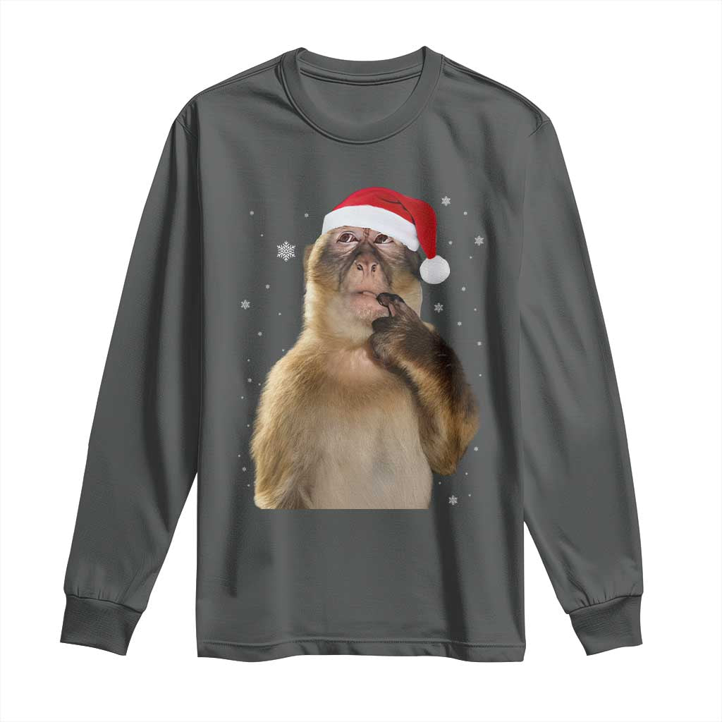 Christmas Thinking Monkey Meme Humor Brainrot Long Sleeve Shirt - Wonder Print Shop