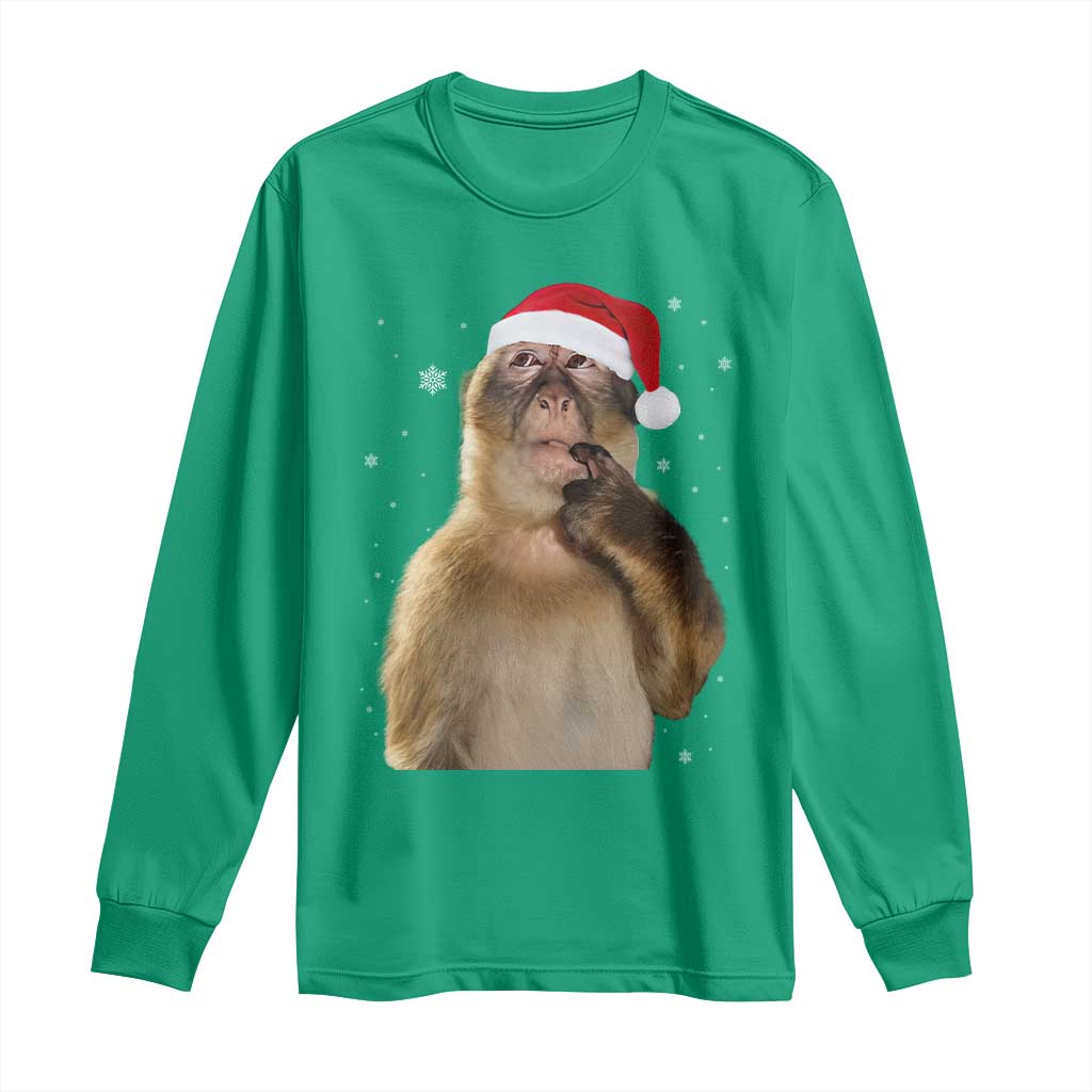 Christmas Thinking Monkey Meme Humor Brainrot Long Sleeve Shirt - Wonder Print Shop