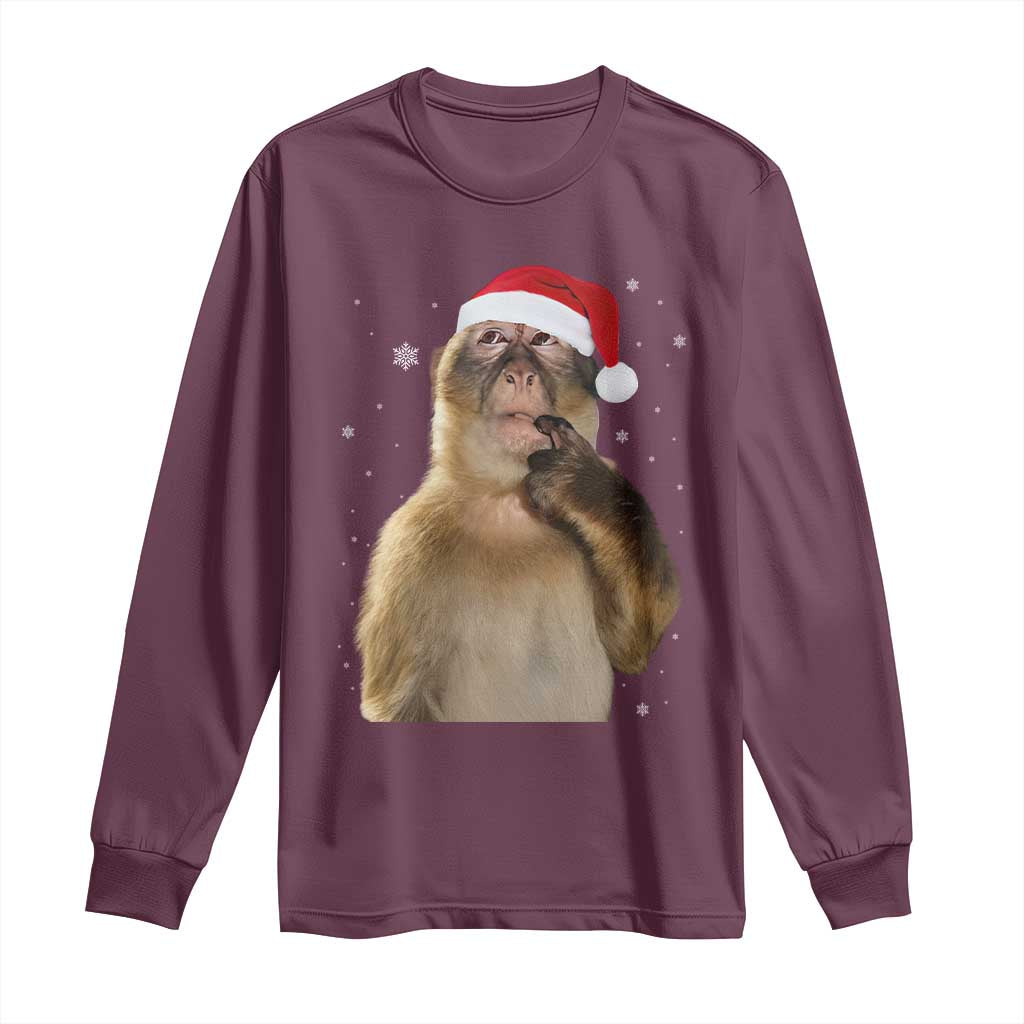 Christmas Thinking Monkey Meme Humor Brainrot Long Sleeve Shirt - Wonder Print Shop