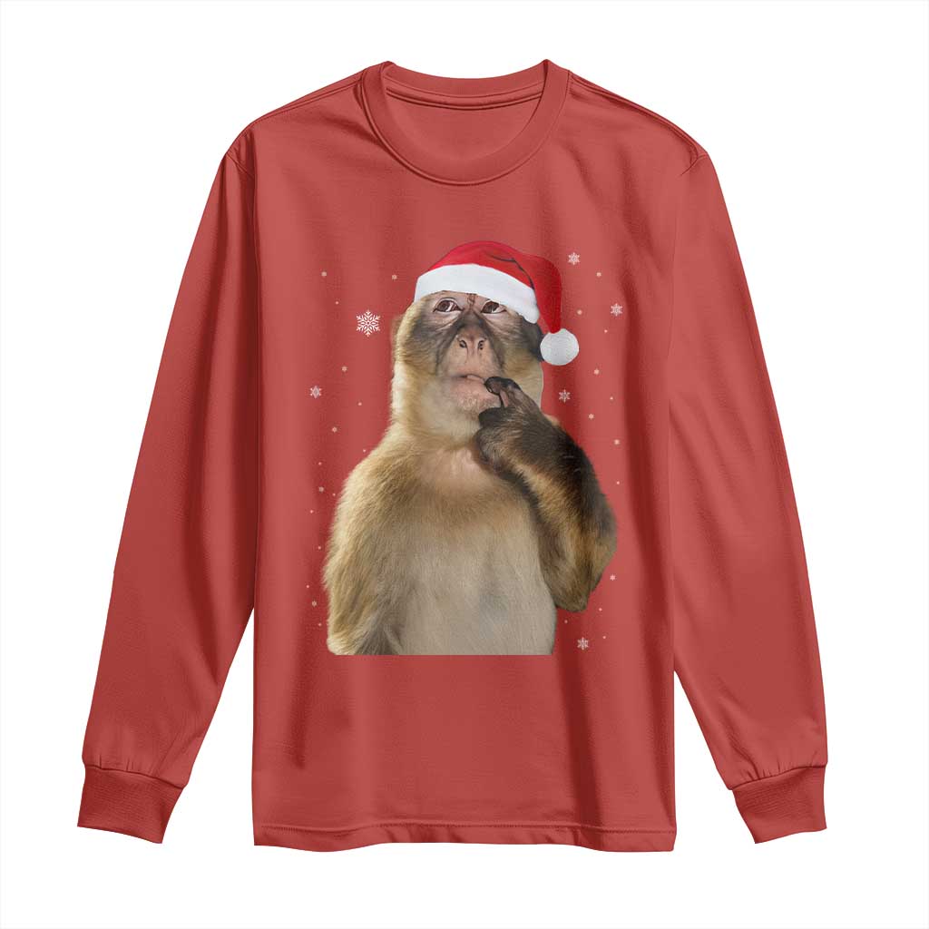Christmas Thinking Monkey Meme Humor Brainrot Long Sleeve Shirt - Wonder Print Shop