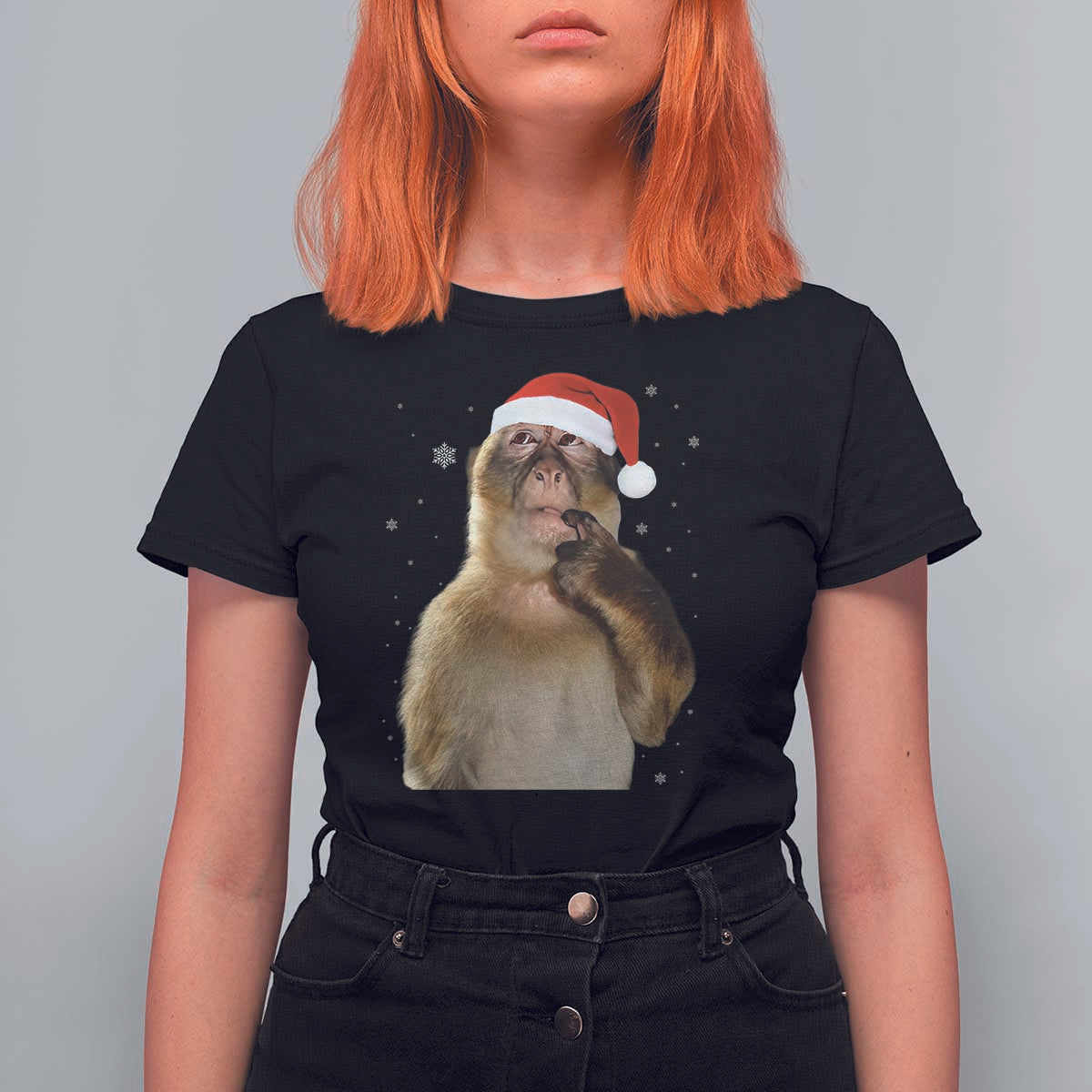 Christmas Thinking Monkey Meme Humor Brainrot T Shirt For Women - Wonder Print Shop